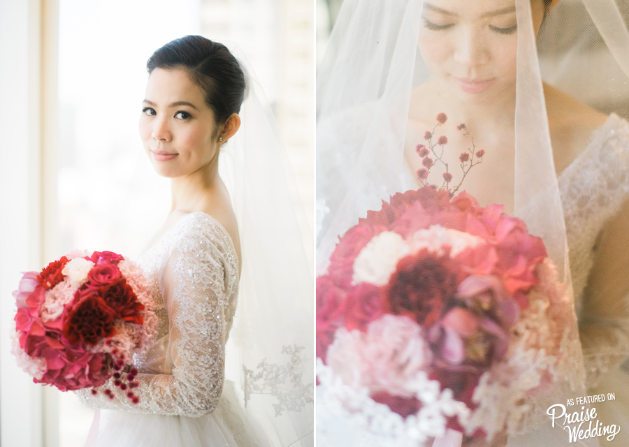 From the laced gown to the beautiful red bouquet, this bridal portrait is our classic wedding style muse!