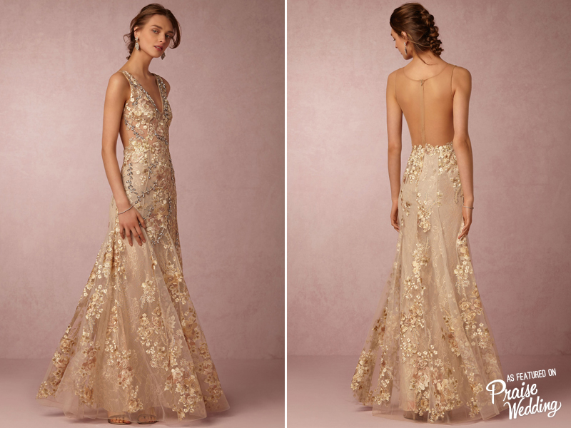 Utterly romantic BHLDN Gabriela Gown featuring exquisitely beaded rose embroidery, a deep-v neckline, and stunning sheer back!