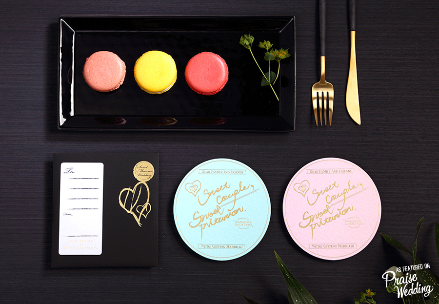 How sweet and stylish is this modern macaron-inspired circular wedding invitation suite!  