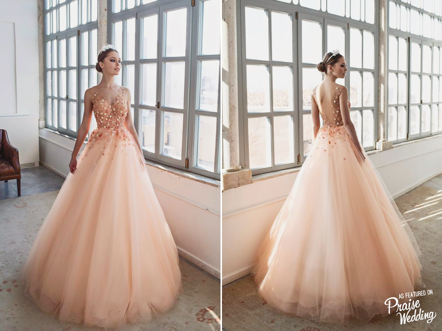 This peachy pink gown from Irit Shtein's latest collection featuring 3D floral details and a beautiful backless design is oh so pretty!