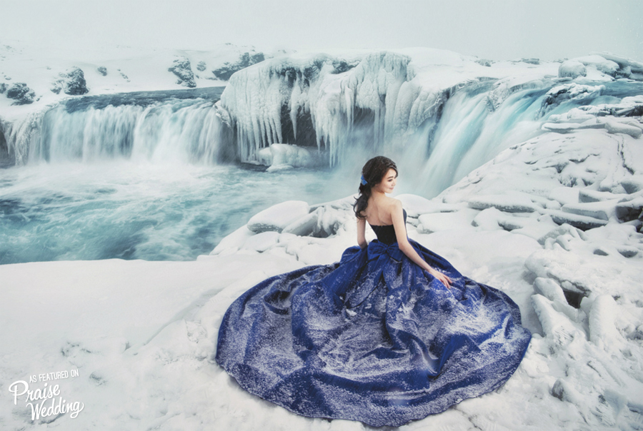 Amazing color contrast between the Bride's royal blue gown and the beauty of snowy Iceland. Everything from the dress to the photo concept is absolutely stunning!