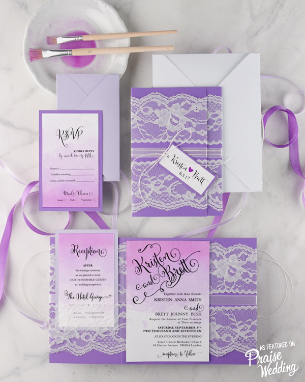 Nothing defines romance better than watercolor + lace! So in love with this lavender invitation suite! 