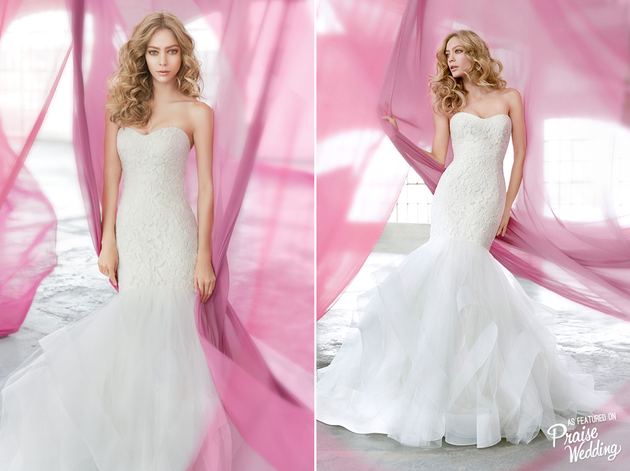 A body-hugging gown layered with romance, what a treat from Blush by Hayley Paige!