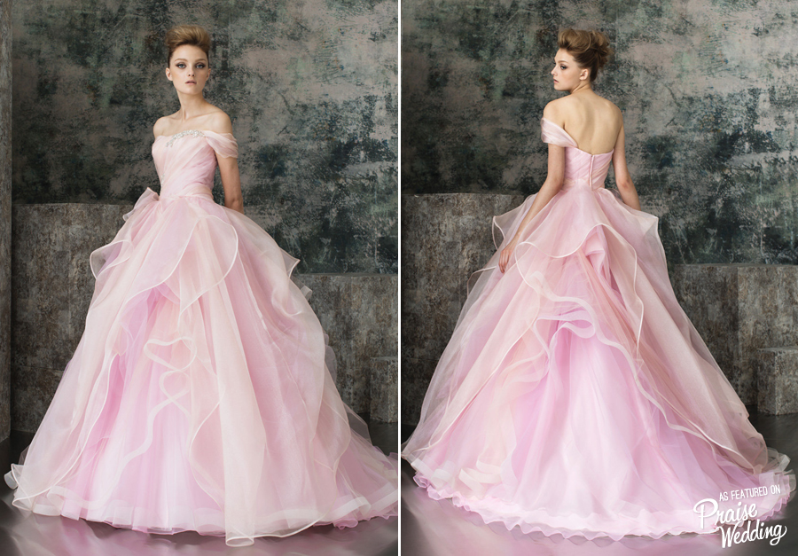 Dreamy feminine silhouette and stylish one-shoulder design, this pink Fioretti gown is perfect for the contemporary princess bride!