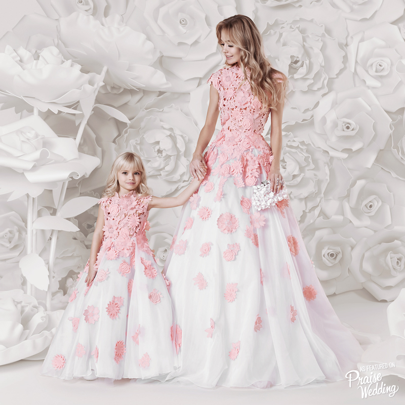 Omg this is too cute! Yulia Prokhorova's pink floral bridal gown with matching "mini bride" flower girl dress have captivated us all! 