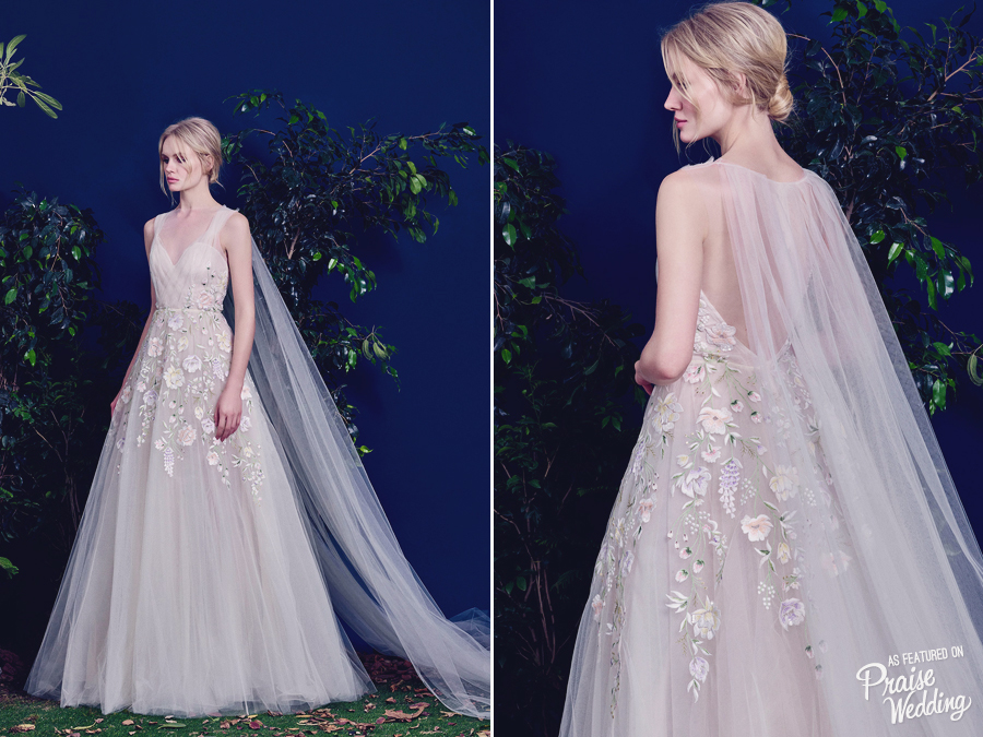 Whimsical and feminine, Hamda Al Fahim's caped gown featuring pastel flower embroideries is obsession-worthy!