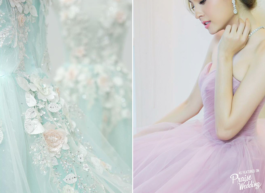 A sneak peek of W.H. Chen Haute Bridal's latest collection featuring romantic pastel colors combined with chic French lace and 3D floral details!