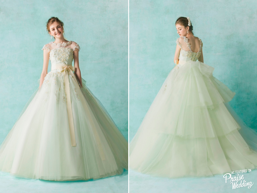 Anteprima Bridal's refreshing mint gown featuring unique 3D floral neckline is making us swoon!