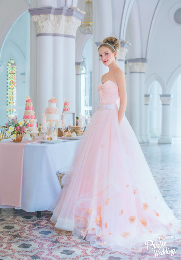 In love with this dreamy pink dress from Olive Suite Bridal featuring chic golden flower embroideries!