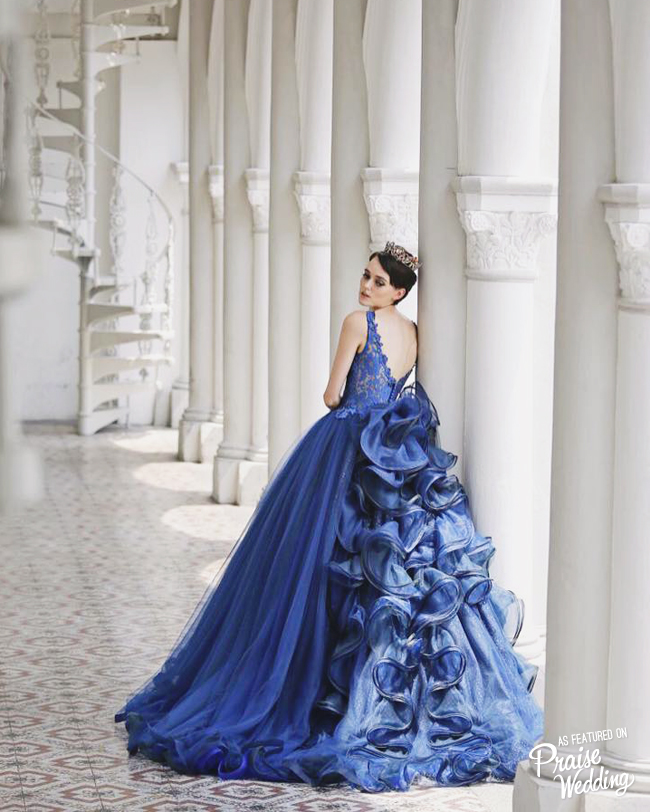 Timeless royal blue gown from Z Wedding Design featuring dreamy ruffles and chic lace details!