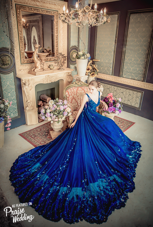 This stunning starry night blue gown from No.9 Wedding featuring glamourous details is taking our breath away! 