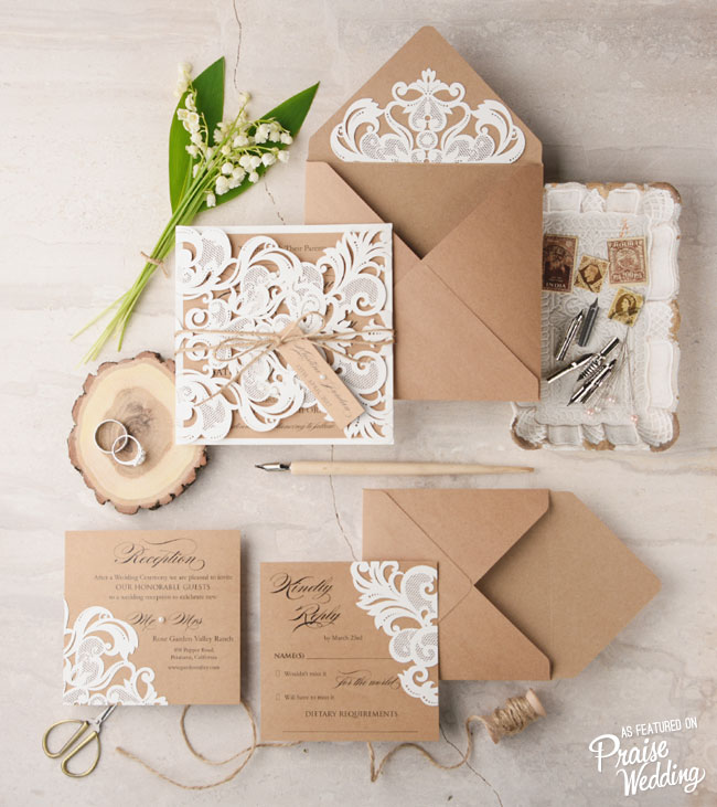 Romantic rustic wedding invitation suite featuring delicate lace for style-savvy couples!