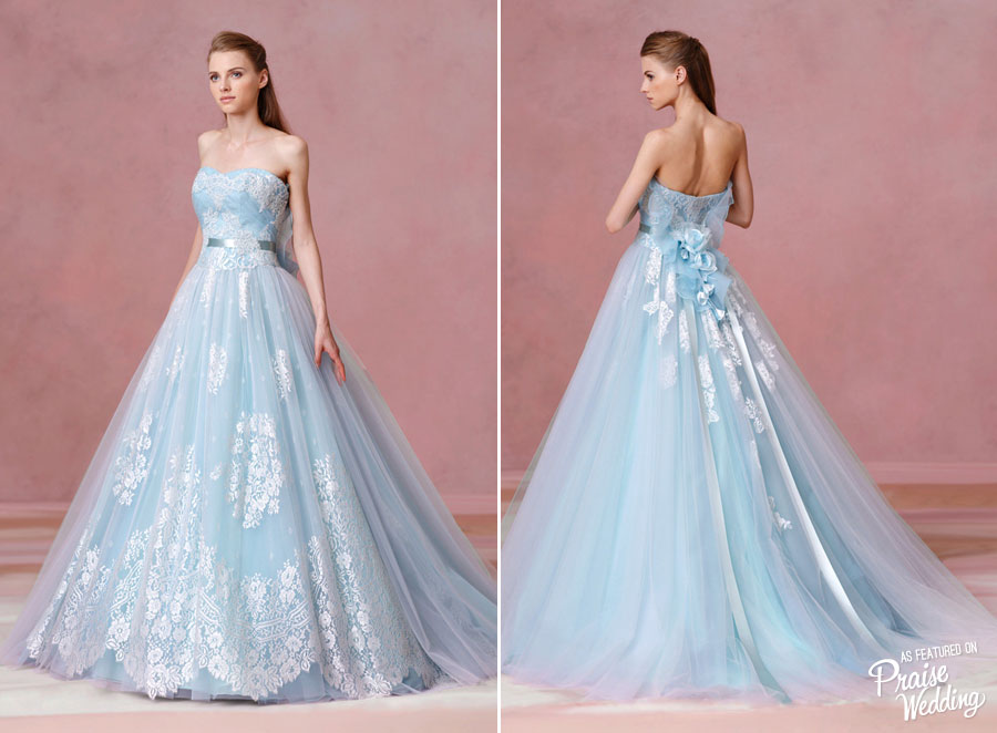 Blending romantic lace with dreamy baby blue tone, this feminine vintage-inspired gown from L'Atelier Mariage is stop in your tracks beautiful!