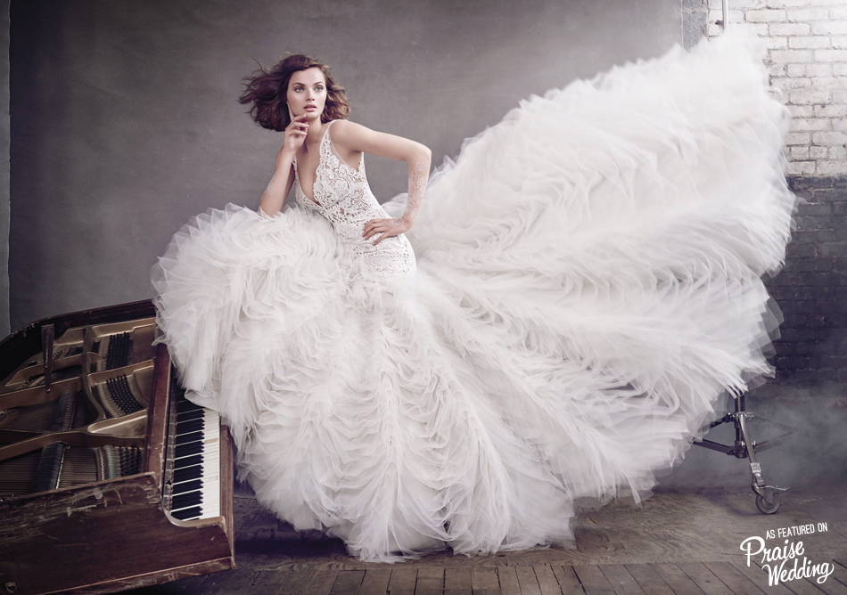 In love with this feather-inspired gown from Lazaro's latest bridal collection!