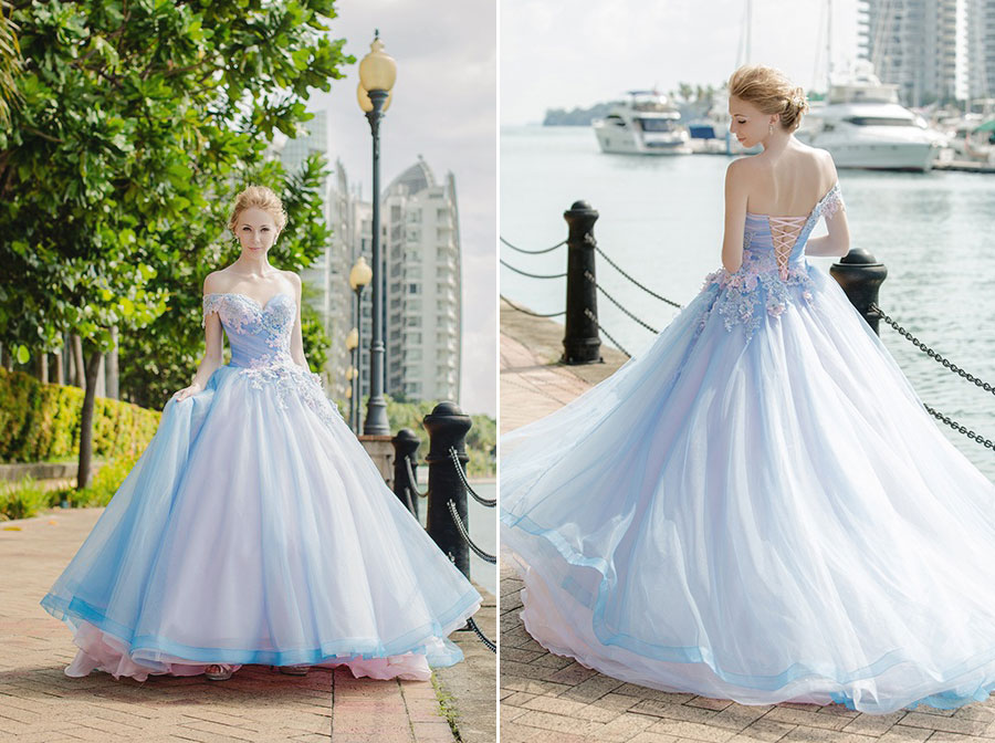 The perfect mix of baby blue x pink, this princess-worthy ball gown from White Link Bridal is utterly romantic! 