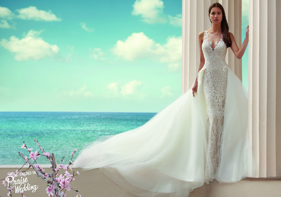 Timelessly sophisticated wedding dress from Demetrios' 2017 collection featuring beautiful lace, feminine silhouette, and utterly romantic train!