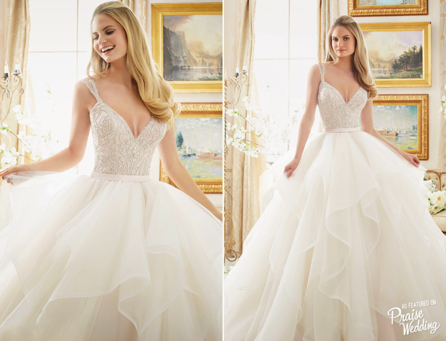 This stylish wedding dress from Mori Lee featuring romantic ruffles and double strap jeweled bodice is oh so pretty!