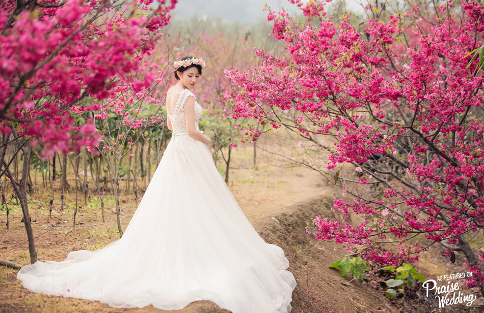 Pure romance with a touch of fairytale charm, this cherry-blossom bridal portrait is organic and beautiful!