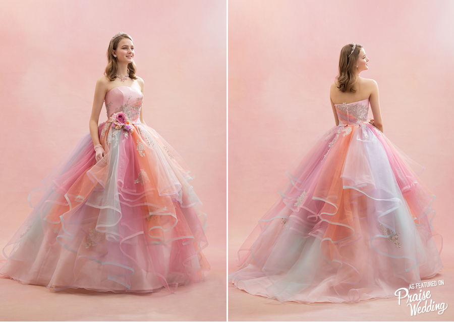 Utterly blown away by this colorful gown from Mariarosa featuring romantic ruffles and feminine details!  