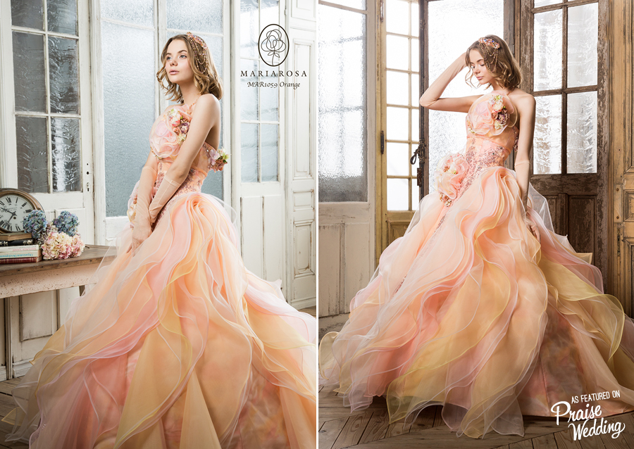 How chic is this peach ruffled gown from Mariarosa? What a sweet treat!