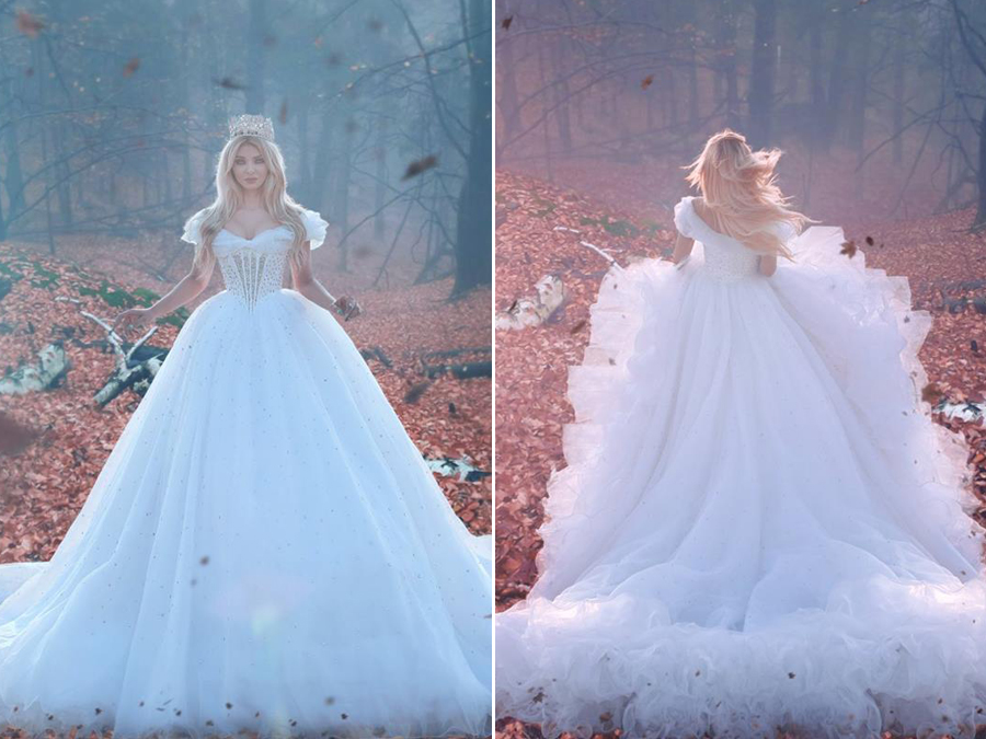Princess-worthy gown from Eden Haute Couture featuring off-the-shoulder neckline and a dreamy silhouette!