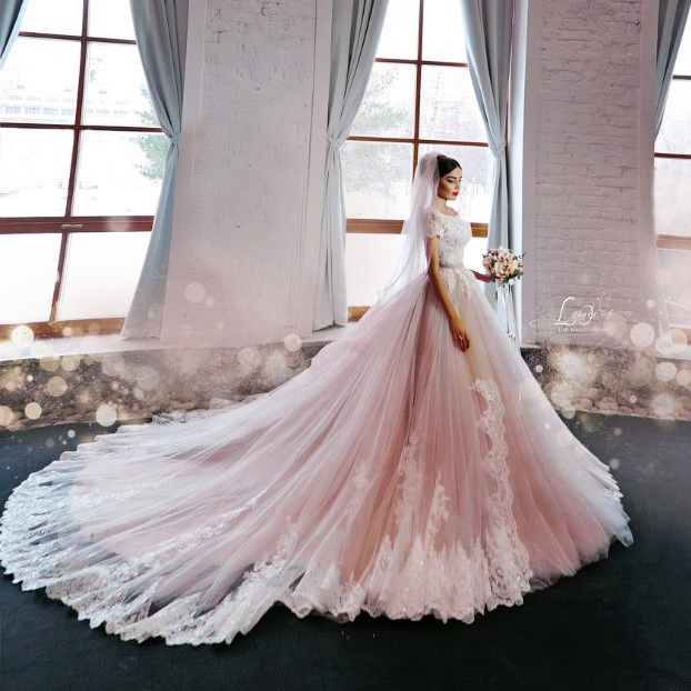 Can't take our eyes off this beautiful bridal portrait featuring a romantic pink laced gown!