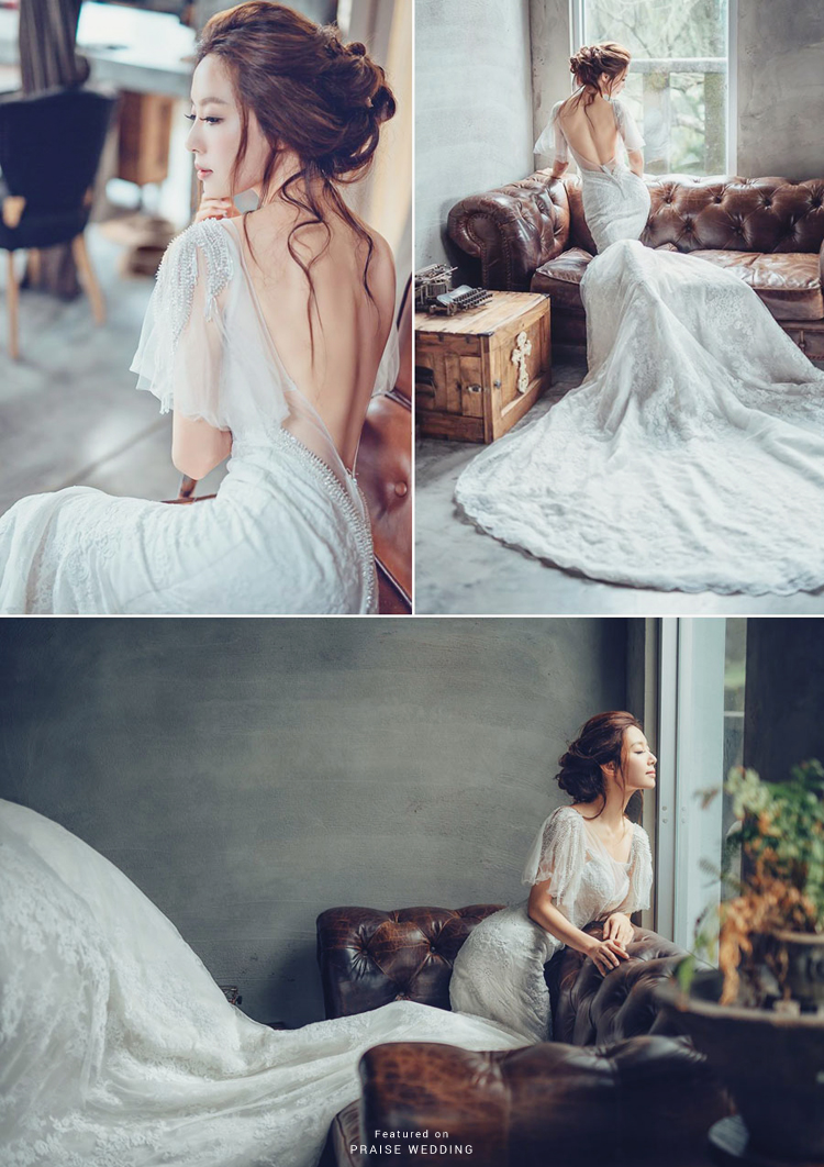 Obsession-worthy wedding dress from Diosa Bridal featuring romantic vintage-inspired sleeves and a gorgeous backless design!