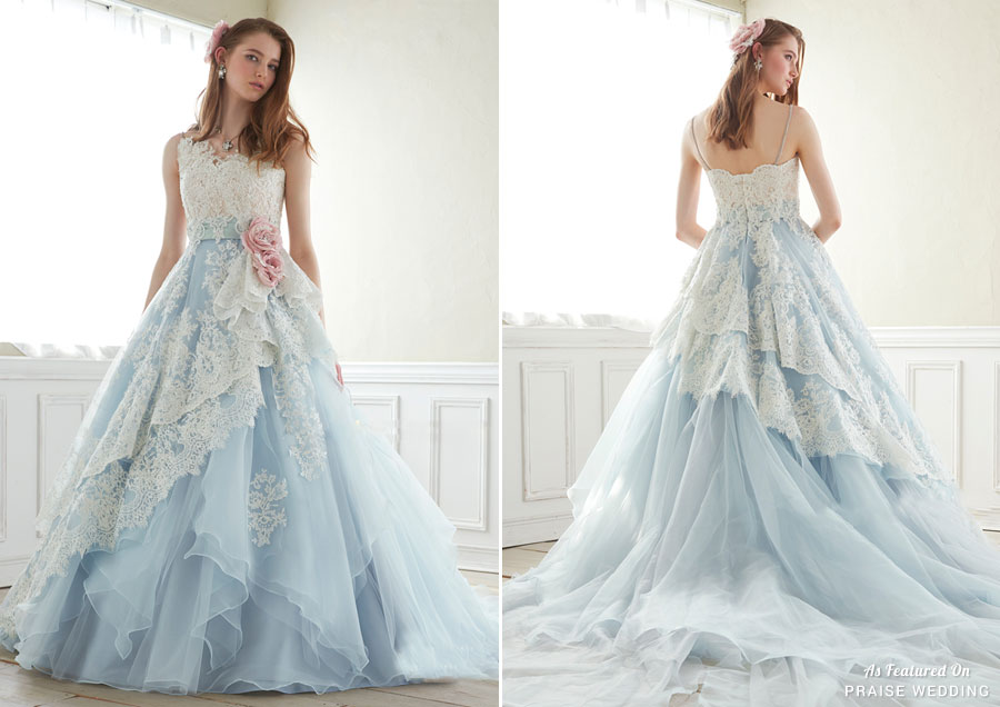 Lovely baby blue gown featuring romantic vintage lace, this Jill Stuart gown is a sweet and refreshing treat!
