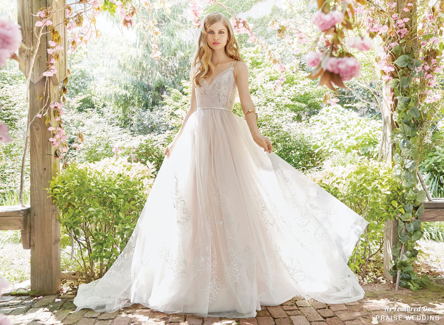 Ethereal bridal ball gown from Alvina Valenta's 2016 Fall collection featuring delicate floral embroidery and a V-neck ballerina bodice of sheer tulle!