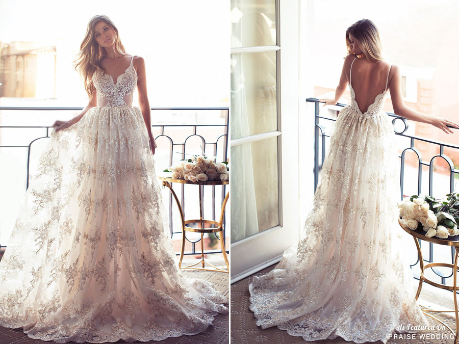 This stunning gown from Lurelly filled with beautiful gold lined roses is so enchanting!