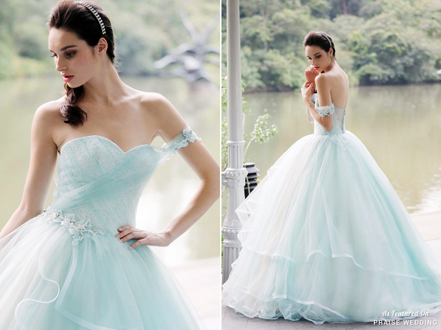 A refreshingly unique one-shoulder gown from Z Wedding Design combining all the romantic elements: airy blue, ruffles, and laced florals!