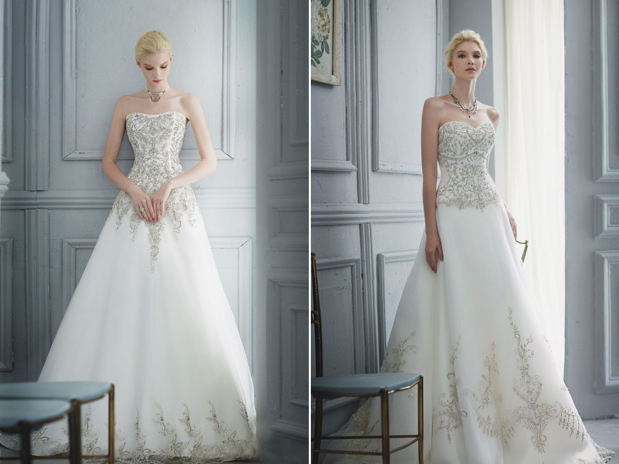 Love at first sight with these classic bridal gowns from Alexandra Busan featuring amazing golden lace embroideries!