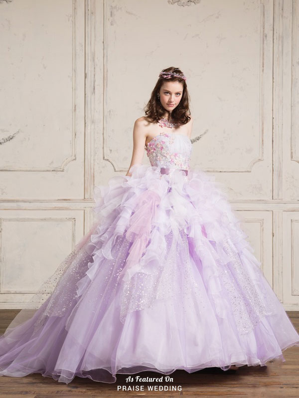 Princess-worthy lavender Mariarosa ball gown with lovely floral details and dreamy ruffles!