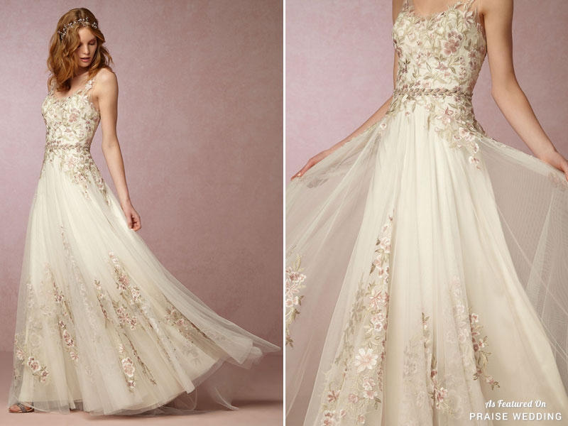 Whimsical and romantic Heidi Gown from BHLDN's latest collection featuring embroidery of lavender-blush flowers!