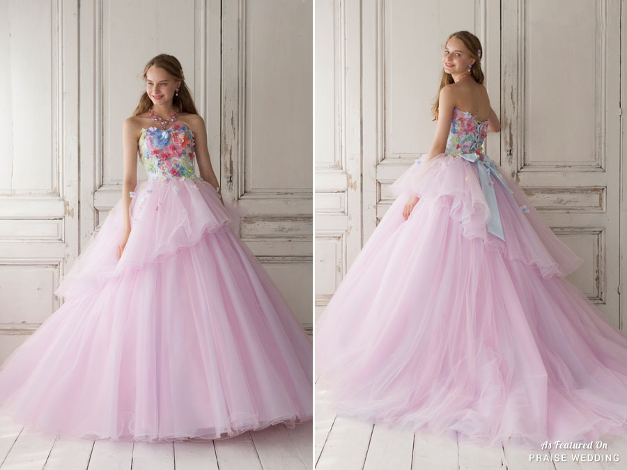 Downright droolworthy gown from Yumi Katsura featuring colorful 3D florals and soft pink tulle!