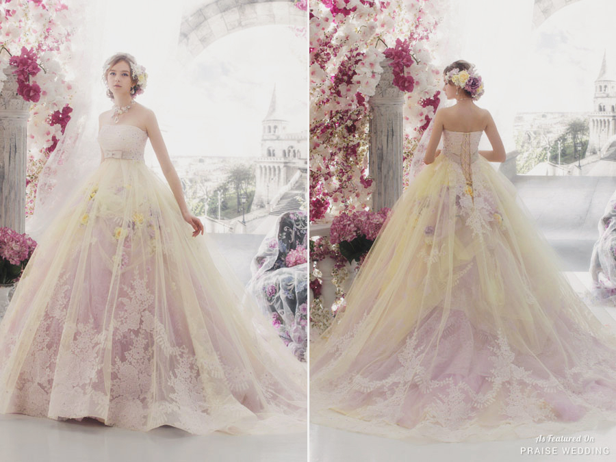 When a laced pink ball gown meets airy yellow tulle, the result of this Stella de Libero gown is pure romance!
