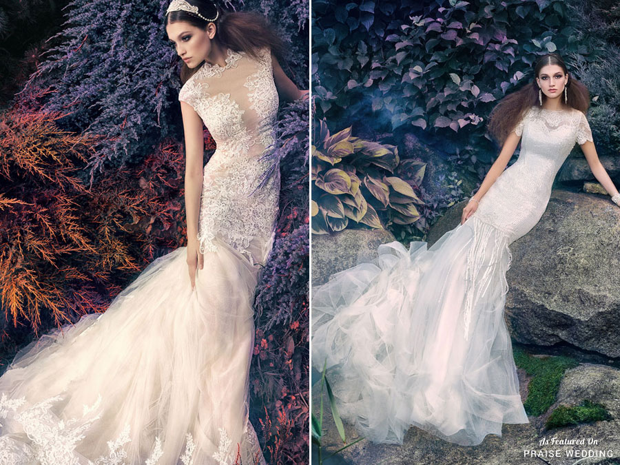 Whimsical ethereal wedding gowns from Papilio's latest collection featuring vintage lace and mermaid silhouettes.
