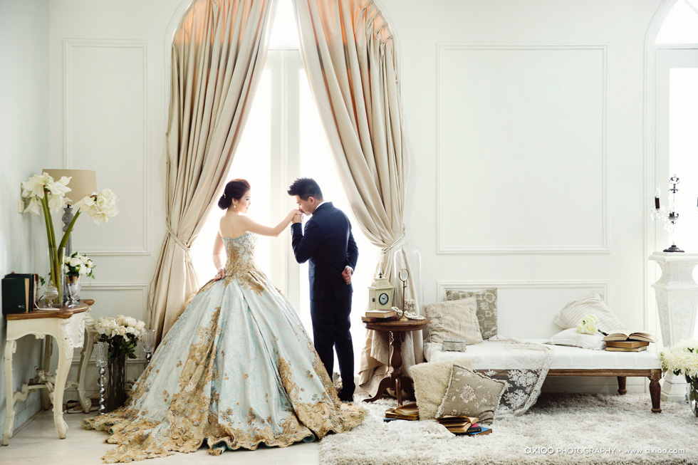 A beautiful pre-wedding portrait featuring a princess-worthy gown overflowing with regal romance!