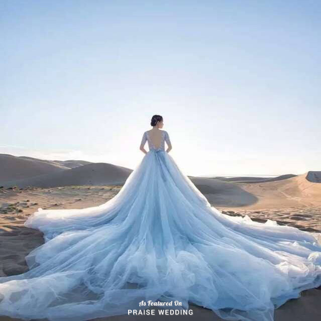 Utterly blown away by this whimsical gown from W.H.Chen Haute Bridal featuring romantic blue tones, gorgeous backless design, and a dreamy train!
