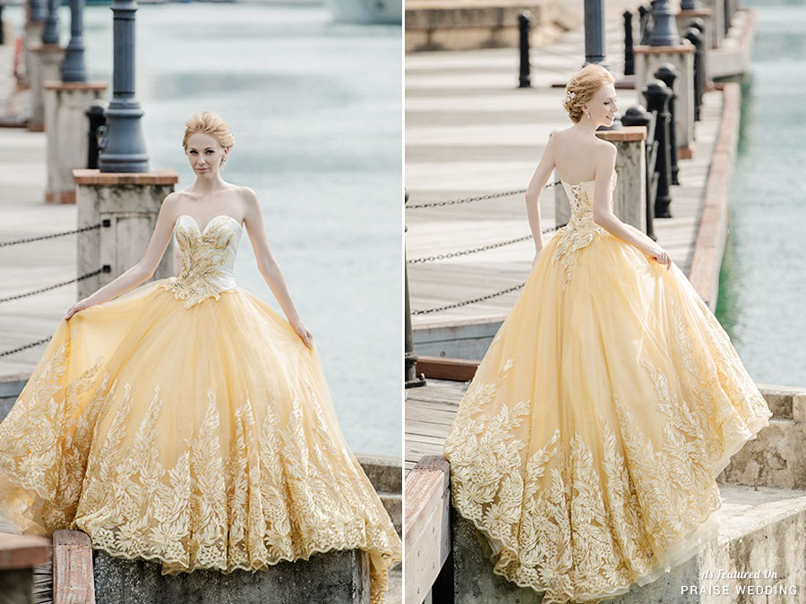 Refreshing, romantic, and unique, this elegant yellow gown from WhiteLink Bridal featuring amazing lace embroideries is obsession-worthy!