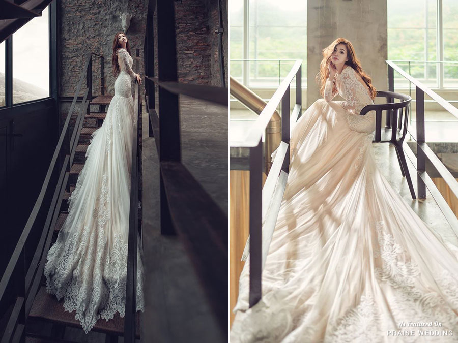 Incredibly breathtaking laced gown from Diosa Bridal featuring a beautiful fitted silhouette and romantic long train!
