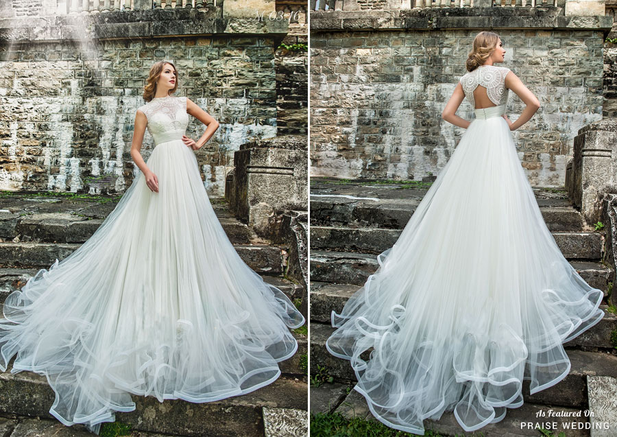 Whimsical ethereal gown from Maya Fashion featuring soft airy train and vintage-inspired embroideries!