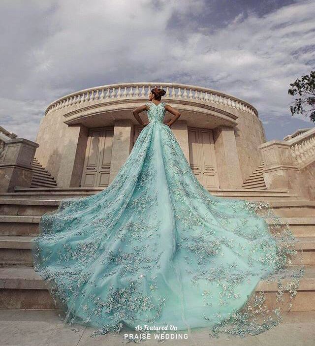 Wow! Statement-making blue gown from Aidem Wedding with stunning hand-crafted details and a fashion forward silhouette!