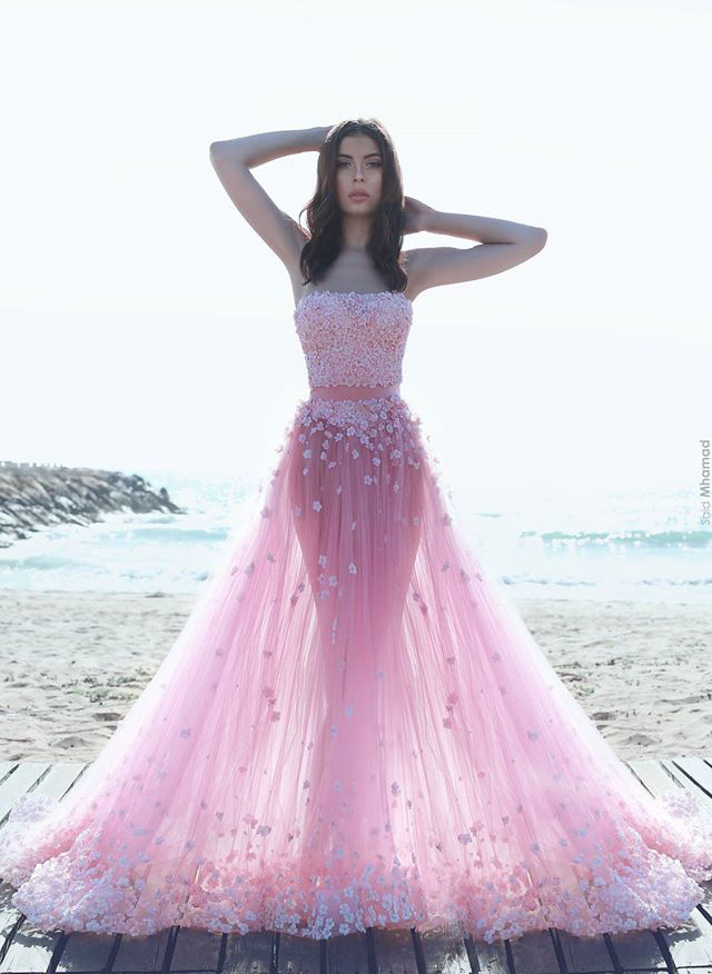 Wow-ee! We'll be dreaming of this breathtaking pink illusion two-piece gown for days!