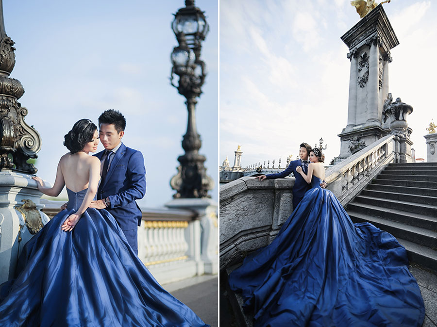 Off the charts beautiful Paris prewedding photo featuring a gorgeous royal blue gown!