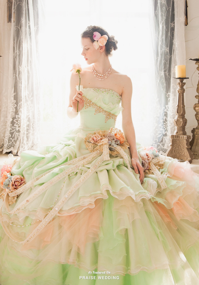 How refreshing and adorable is this pink x mint gown from Tutu Dress featuring flowers, golden lace, and ruffles? 