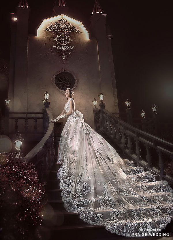 Breathtaking gown from Catherine Wedding featuring delicate lace details and a dreamy long train!