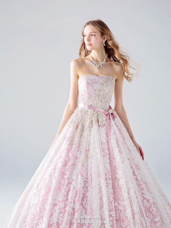 Princess-worthy pink gown from Isamu Morita featuring exquisite white embroideries!