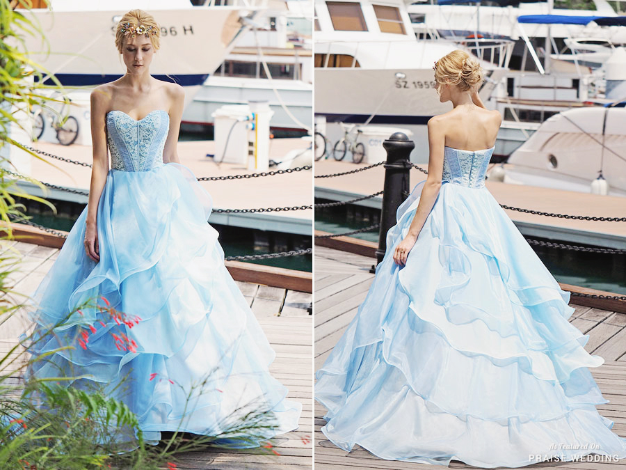 Sweet femininity with a touch of regal elegance, this blue ruffled gown from Z Wedding Design is fit for a princess!