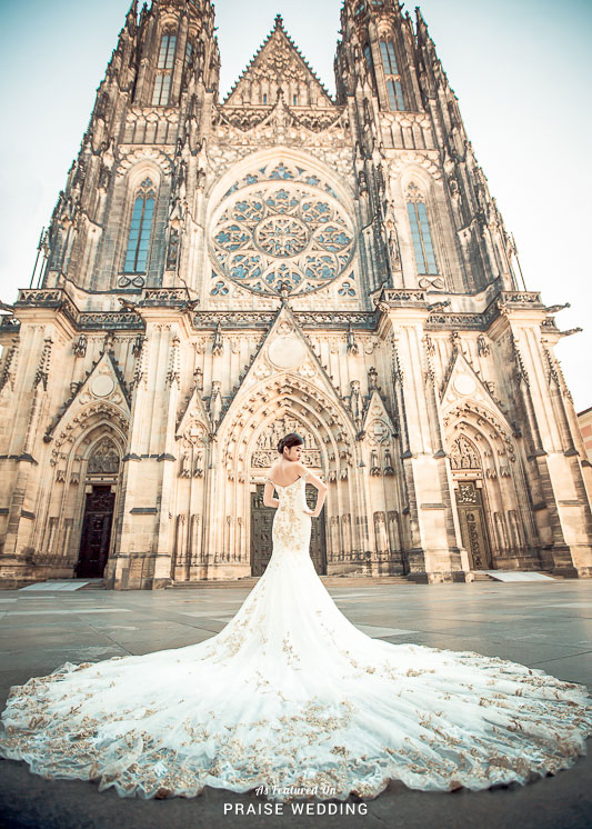 Goodness gracious, how incredible is this St. Paul's wedding gown from No.9 Wedding featuring champagne gold lace on a breathtaking silhouette?